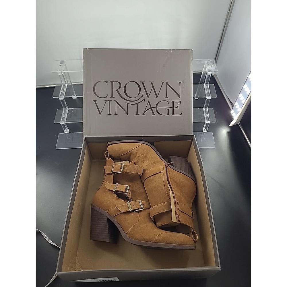 Crown Vintage Womens Stralla Bootie Brown ELM Size 7.5 M SUEDE LEATHER Shoe Heel